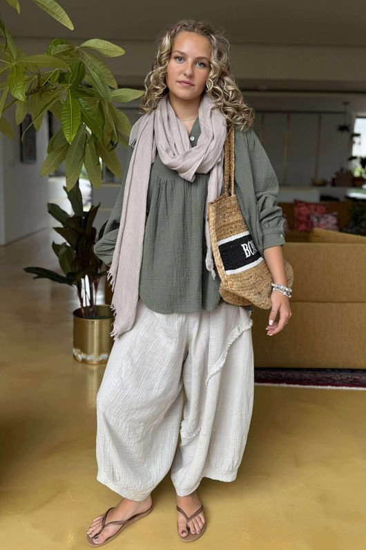 Made in Italy Santos Collared Peasant Smock Blouse Khaki